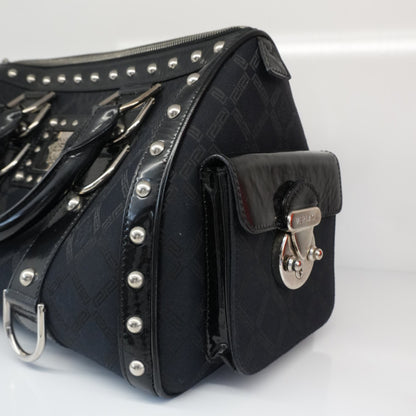 MEDUSA BLACK MONOGRAM FABRIC AND PATENT LEATHER STUDDED TOP HANDLE BOSTON BAG