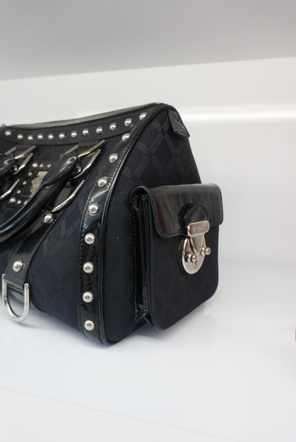 MEDUSA BLACK MONOGRAM FABRIC AND PATENT LEATHER STUDDED TOP HANDLE BOSTON BAG