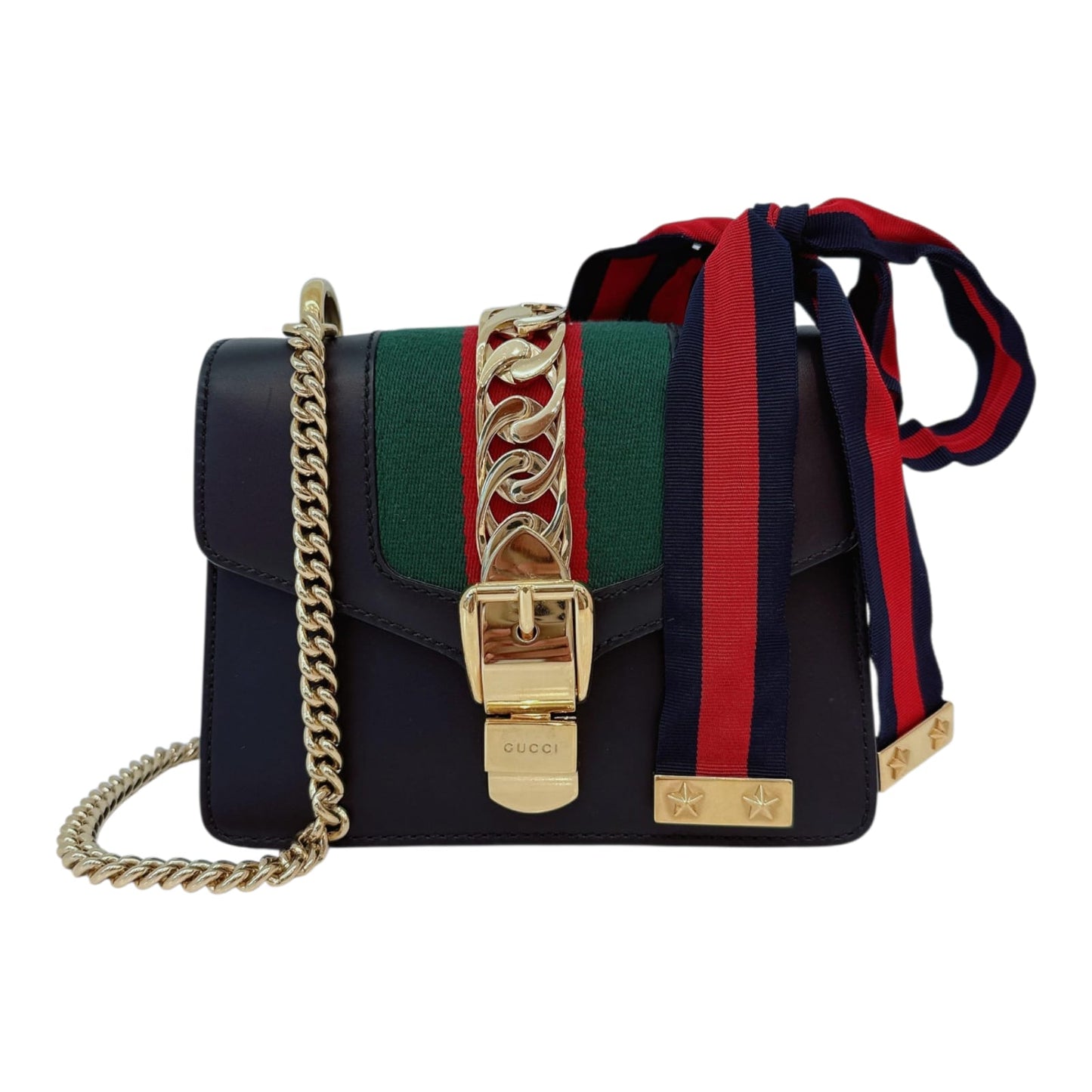 BLACK LEATHER MINI WEB CHAIN SYLVIE CROSSBODY BAG