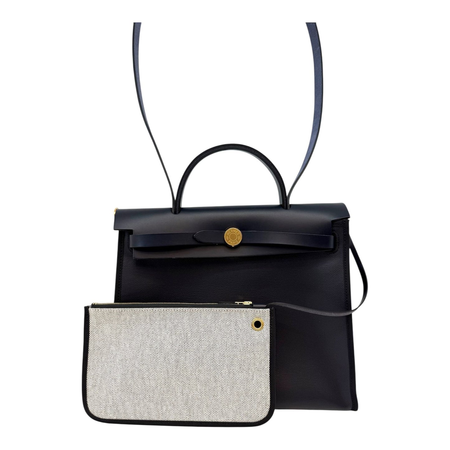 BLACK BLEU INDIGO CANVAS & LEATHER HERBAG ZIP 31 GOLD HARDWARE