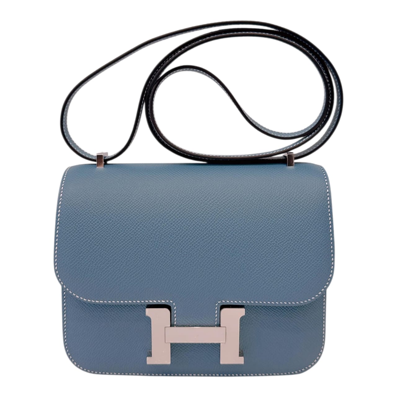 SAC CONSTANCE MINI 18 MIRROR VEAU EPSOM LEATHER BLEU JEAN PALLADIUM HARDWARE