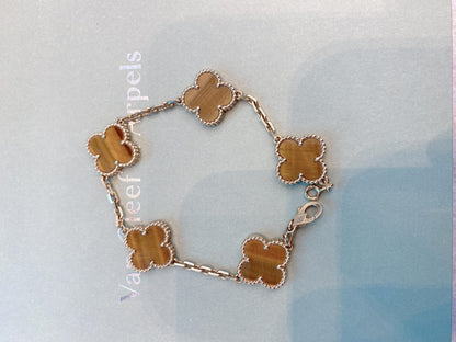 VINTAGE ALHAMBRA TIGERS EYE 18K YELLOW GOLD 5 MOTIF STATION BRACELET