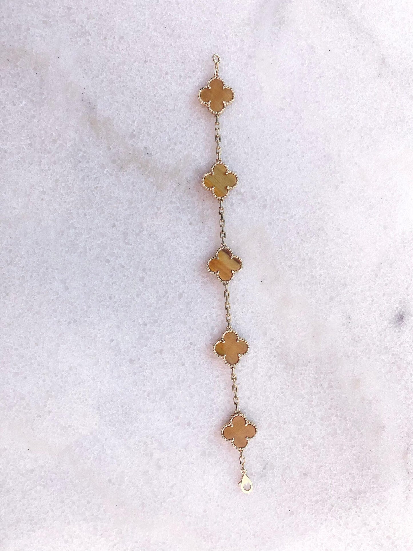 VINTAGE ALHAMBRA TIGERS EYE 18K YELLOW GOLD 5 MOTIF STATION BRACELET