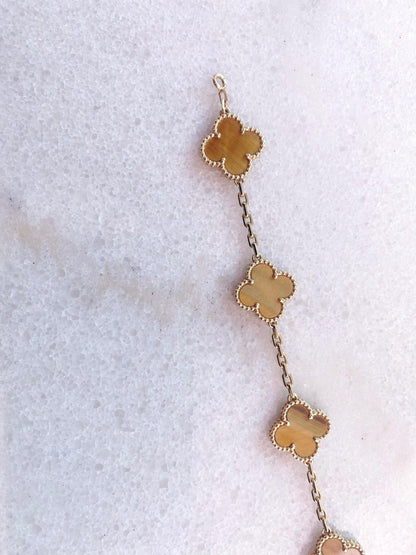 VINTAGE ALHAMBRA TIGERS EYE 18K YELLOW GOLD 5 MOTIF STATION BRACELET