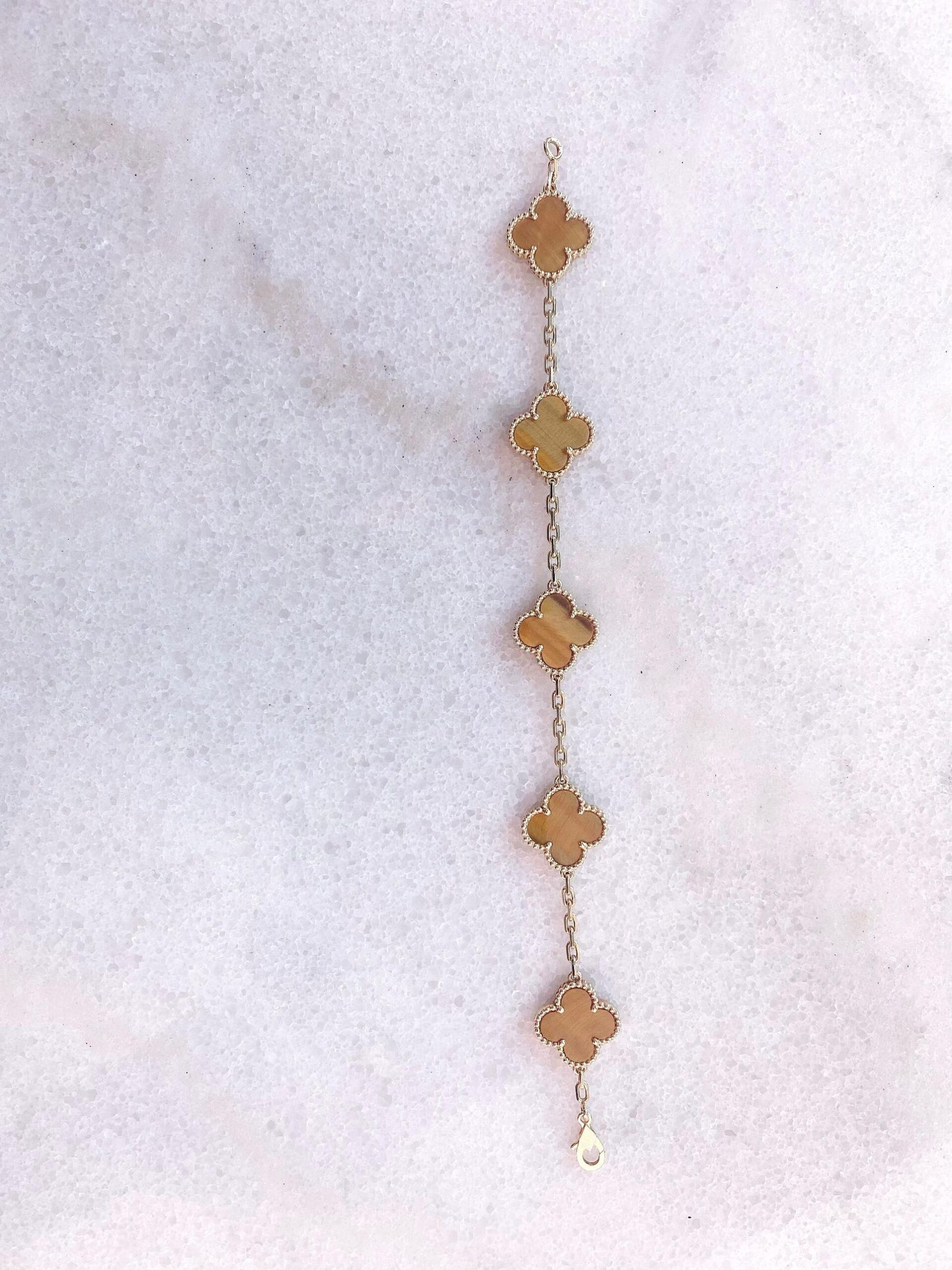 VINTAGE ALHAMBRA TIGERS EYE 18K YELLOW GOLD 5 MOTIF STATION BRACELET