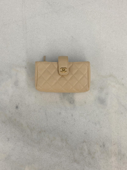 BEIGE QUILTED CAVIAR LEATHER CC O-MINI PHONE HOLDER CLUTCH