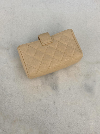 BEIGE QUILTED CAVIAR LEATHER CC O-MINI PHONE HOLDER CLUTCH