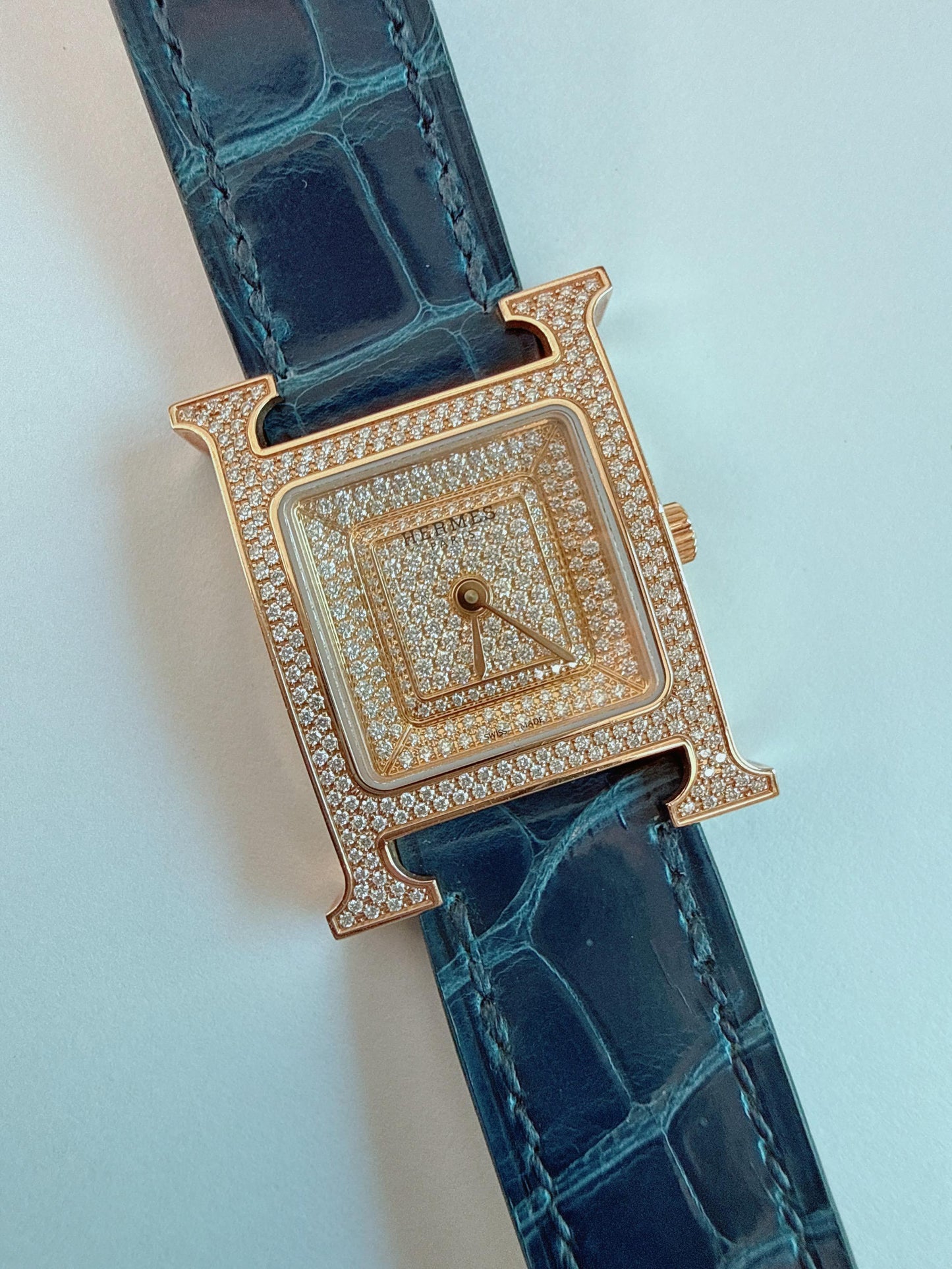 HEURE H ROSE GOLD DIAMONDS ALLIGATOR STRAP SMALL MODEL 25MM WATCH
