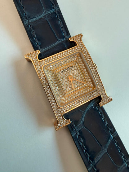 HEURE H ROSE GOLD DIAMONDS ALLIGATOR STRAP SMALL MODEL 25MM WATCH