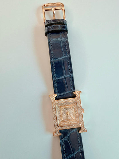 HEURE H ROSE GOLD DIAMONDS ALLIGATOR STRAP SMALL MODEL 25MM WATCH