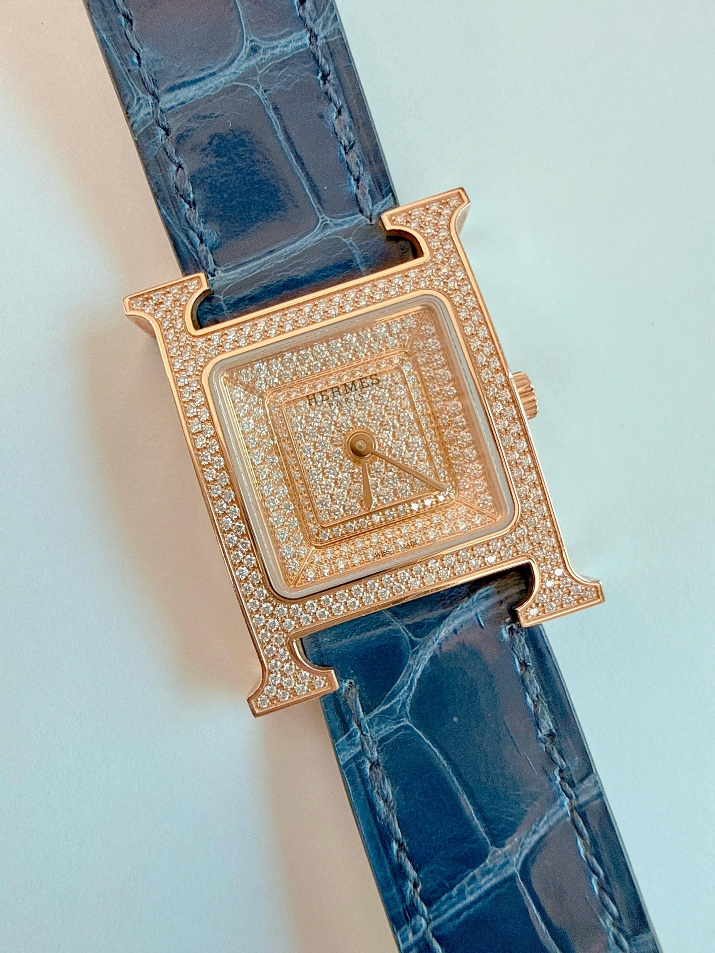 HEURE H ROSE GOLD DIAMONDS ALLIGATOR STRAP SMALL MODEL 25MM WATCH