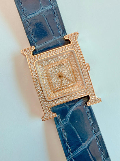 HEURE H ROSE GOLD DIAMONDS ALLIGATOR STRAP SMALL MODEL 25MM WATCH
