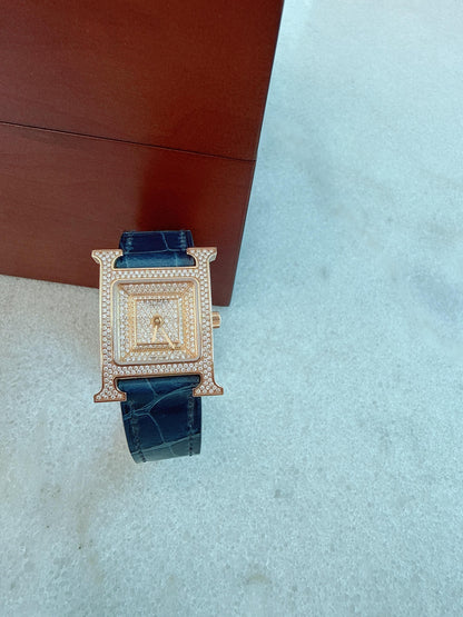 HEURE H ROSE GOLD DIAMONDS ALLIGATOR STRAP SMALL MODEL 25MM WATCH
