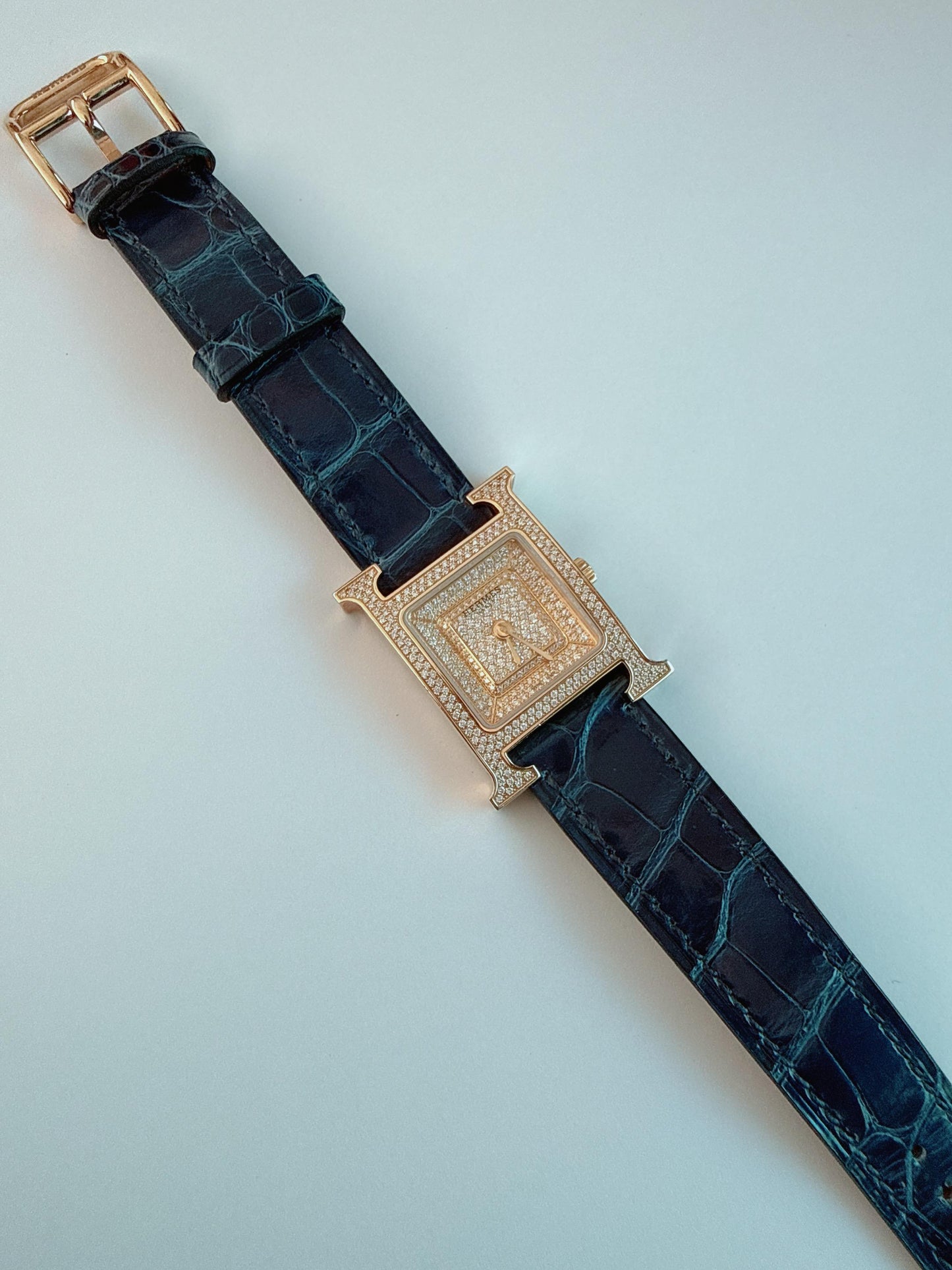 HEURE H ROSE GOLD DIAMONDS ALLIGATOR STRAP SMALL MODEL 25MM WATCH