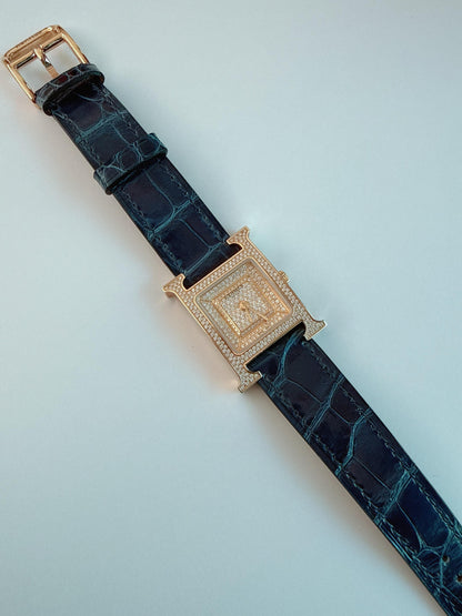 HEURE H ROSE GOLD DIAMONDS ALLIGATOR STRAP SMALL MODEL 25MM WATCH