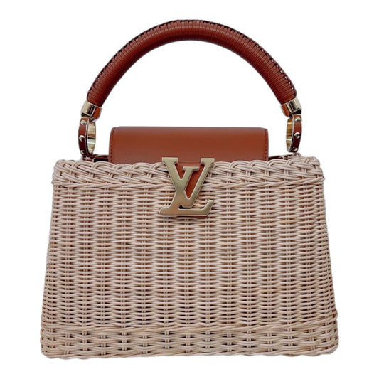 BROWN BEIGE BRAIDED RATTAN WITH SMOOTH COWHIDE LEATHER HANDLE CAPUCINES BB HANDBAG