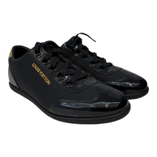 BLACK SATIN AND PATENT LEATHER LOW TOP SNEAKERS 35