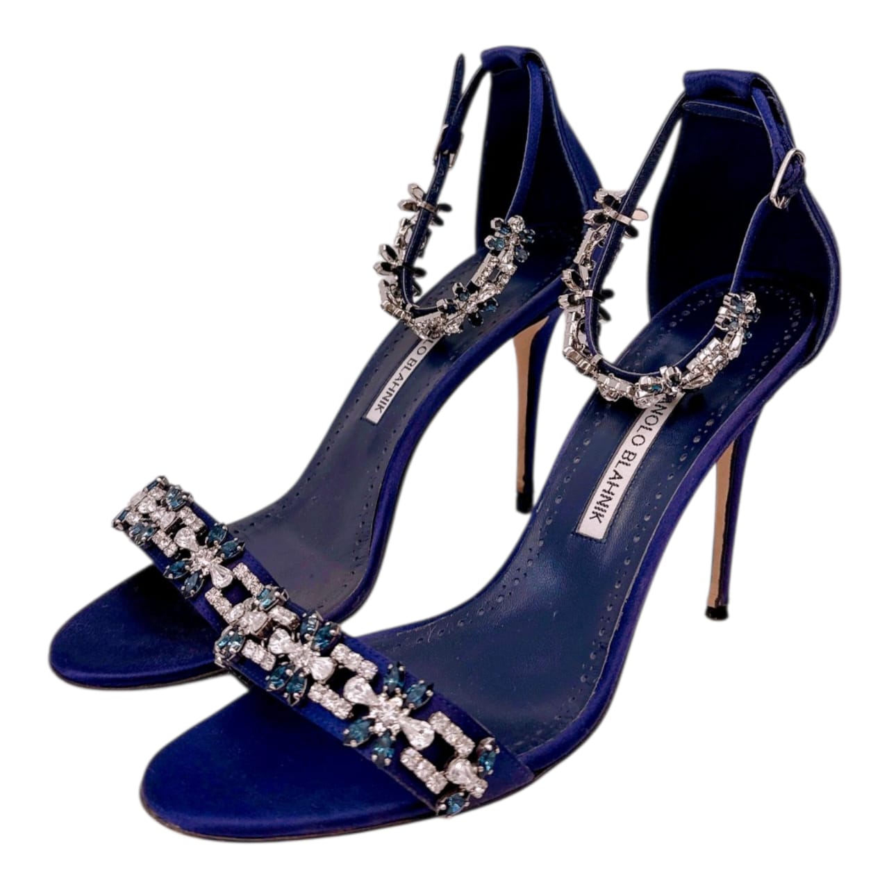 NAVY BLUE SATIN CRYSTALS FIRADOU SANDALS SIZE 41