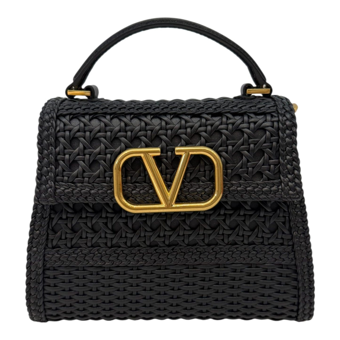 BLACK WOVEN LEATHER SMALL VSLING TOP HANDLE BAG