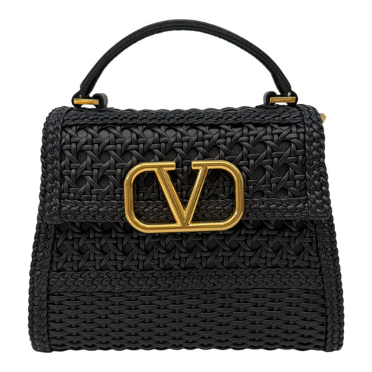 BLACK WOVEN LEATHER SMALL VSLING TOP HANDLE BAG