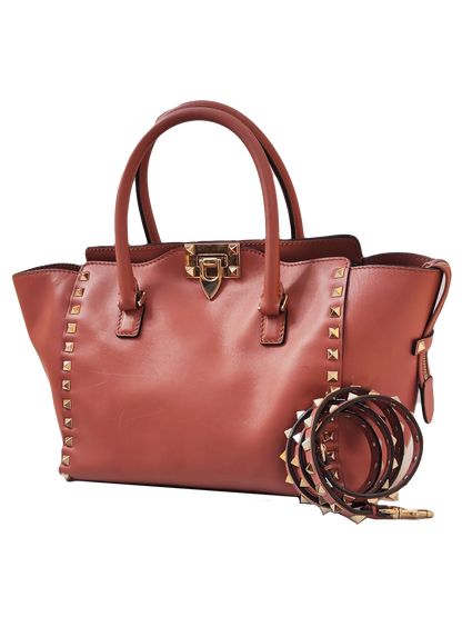 PINK ROCKSTUD SMALL DOUBLE TOP HANDLE TOTE BAG
