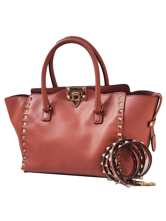 PINK ROCKSTUD SMALL DOUBLE TOP HANDLE TOTE BAG