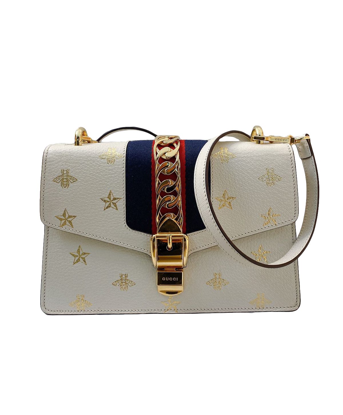 WHITE LEATHER BEE STAR PRINT SMALL SYLVIE SHOULDER BAG