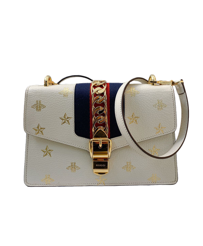 WHITE LEATHER BEE STAR PRINT SMALL SYLVIE SHOULDER BAG