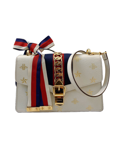 WHITE LEATHER BEE STAR PRINT SMALL SYLVIE SHOULDER BAG