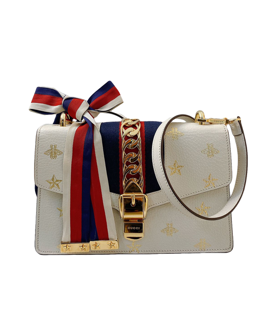 WHITE LEATHER BEE STAR PRINT SMALL SYLVIE SHOULDER BAG