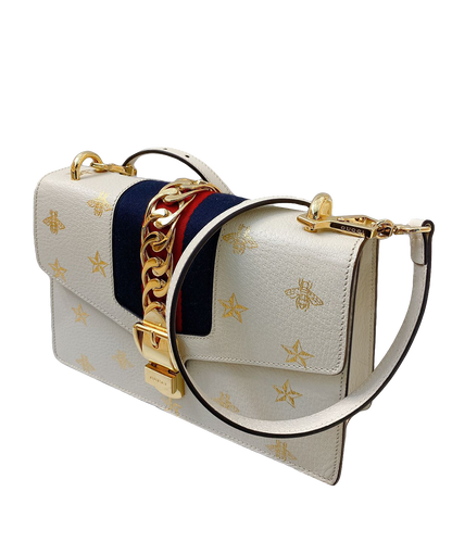 WHITE LEATHER BEE STAR PRINT SMALL SYLVIE SHOULDER BAG