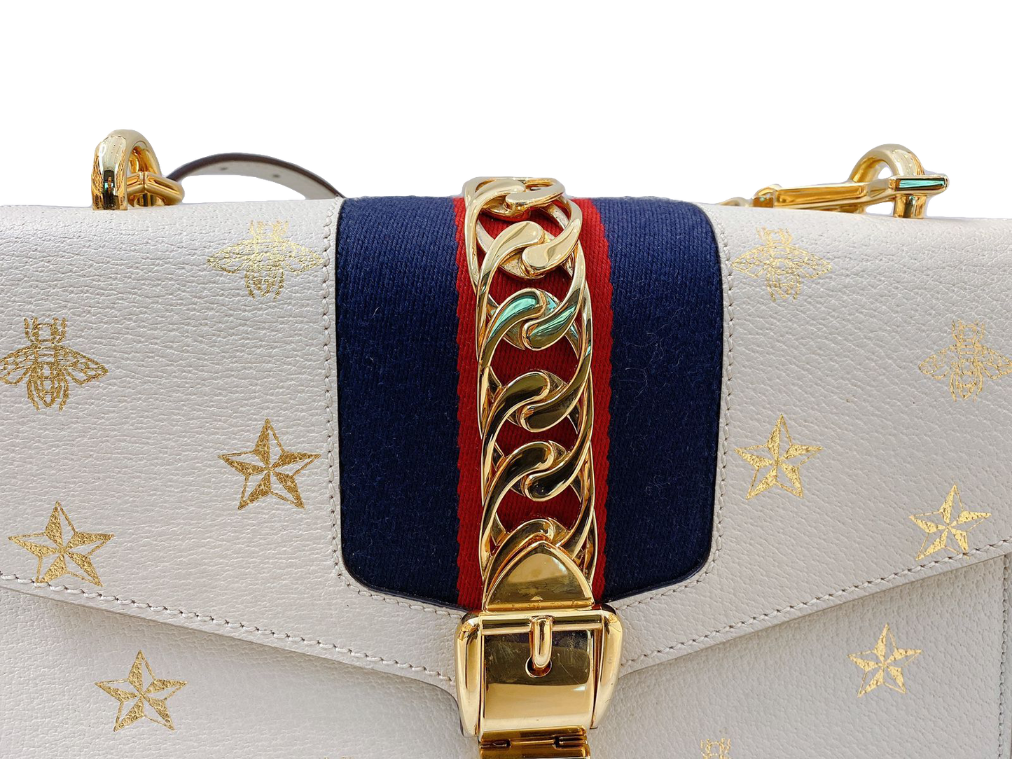 WHITE LEATHER BEE STAR PRINT SMALL SYLVIE SHOULDER BAG