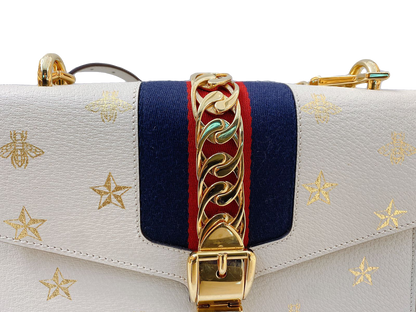 WHITE LEATHER BEE STAR PRINT SMALL SYLVIE SHOULDER BAG