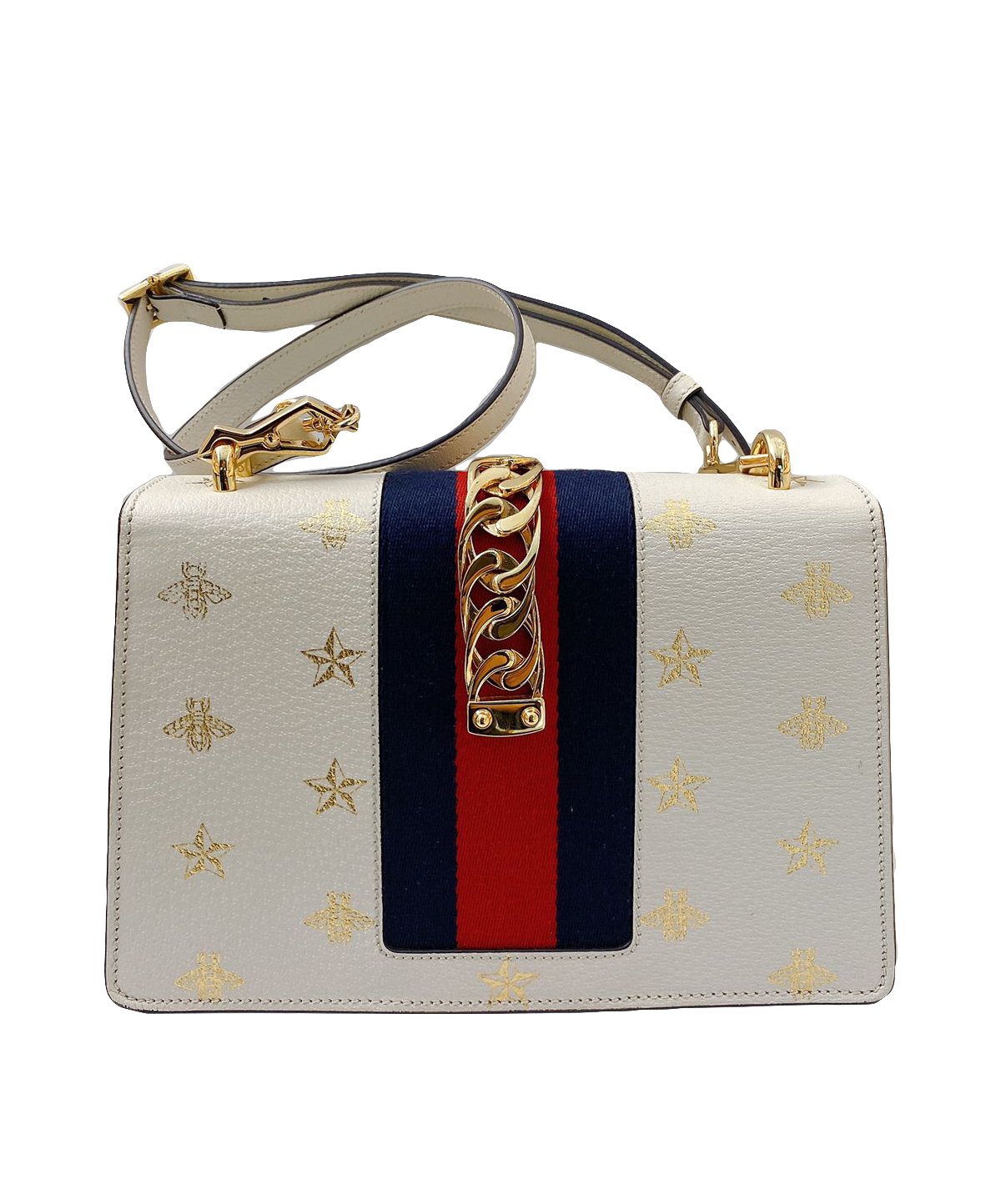 WHITE LEATHER BEE STAR PRINT SMALL SYLVIE SHOULDER BAG