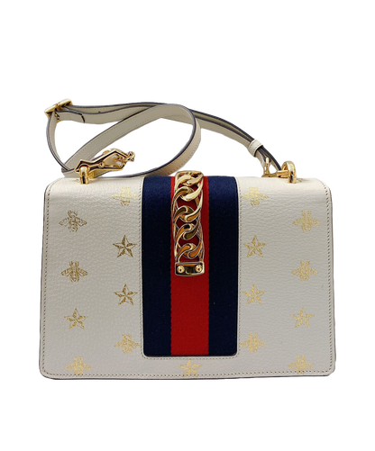 WHITE LEATHER BEE STAR PRINT SMALL SYLVIE SHOULDER BAG