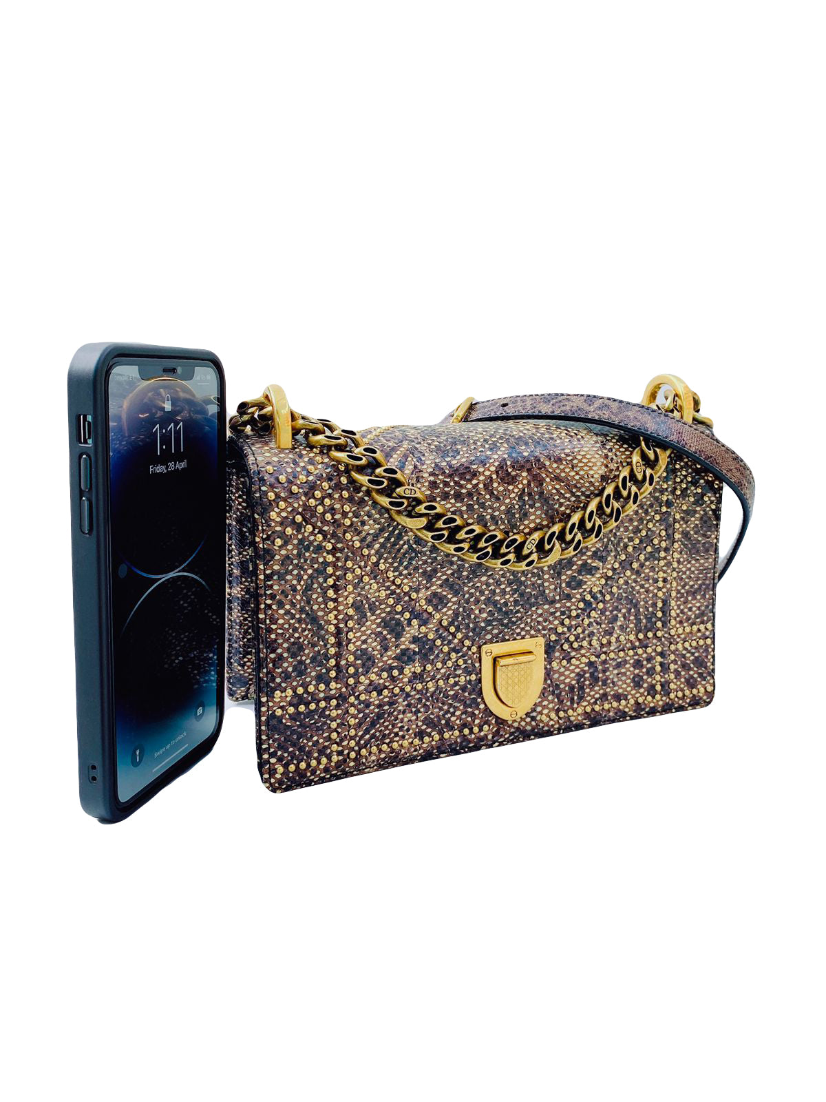 MULTICOLORED EXOTIC SKIN STUDDED DIORAMA SMALL SHOULDER BAG