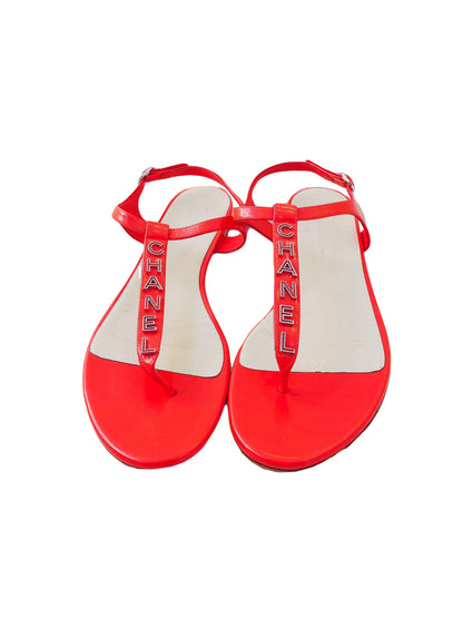 RED LEATHER LOGO T-STRAP SANDALS 41