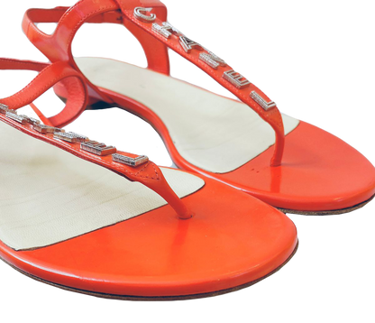 RED LEATHER LOGO T-STRAP SANDALS 41