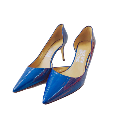BLUE PATENT LEATHER D'ORSAY PUMPS