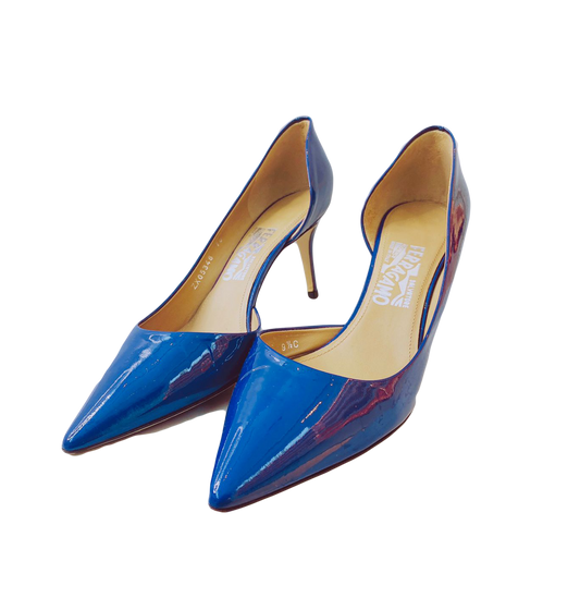 BLUE PATENT LEATHER D'ORSAY PUMPS