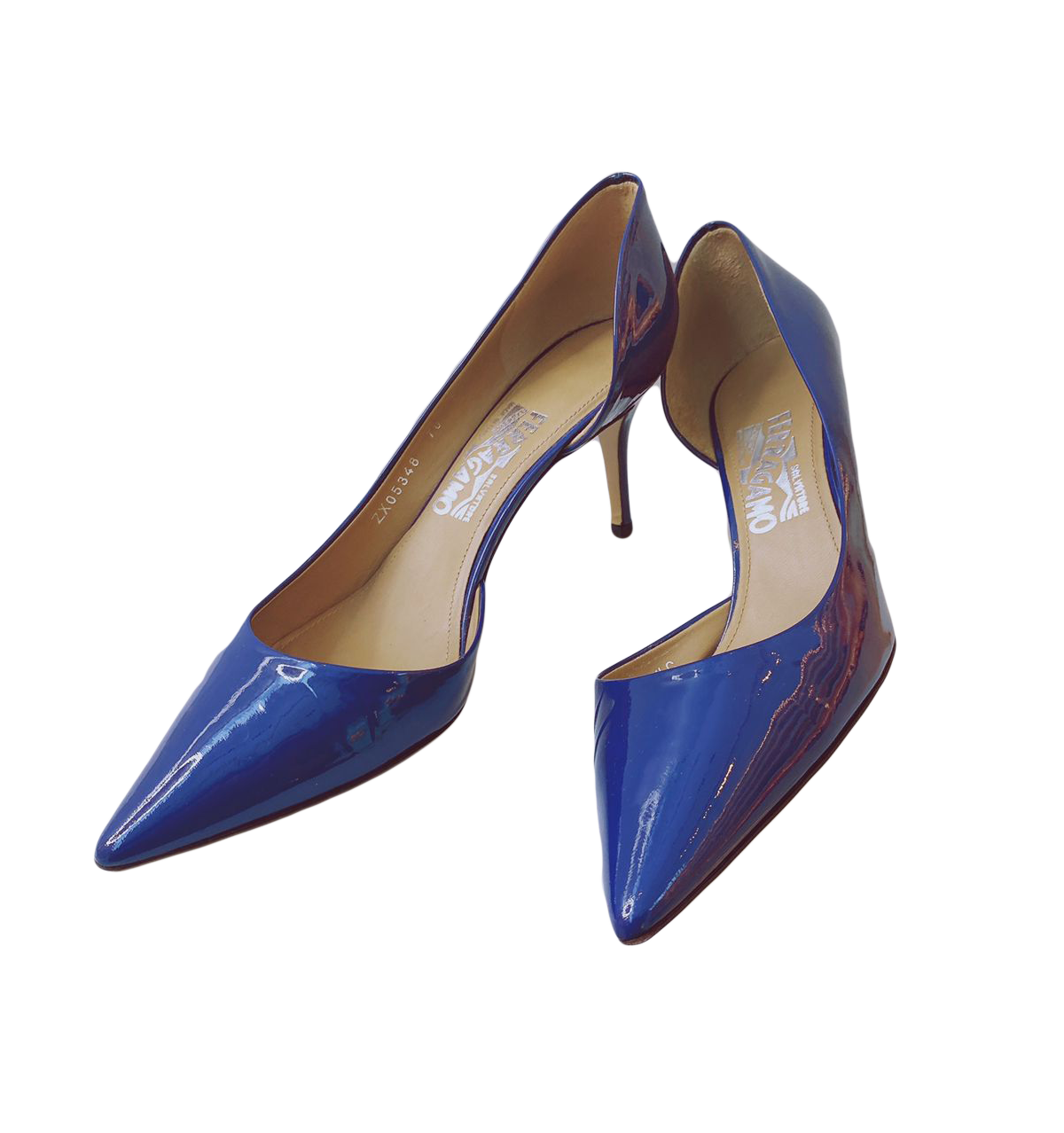 BLUE PATENT LEATHER D'ORSAY PUMPS