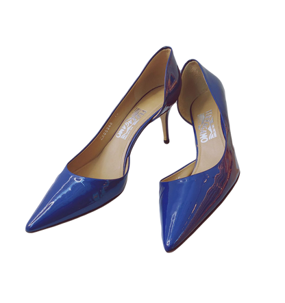 BLUE PATENT LEATHER D'ORSAY PUMPS