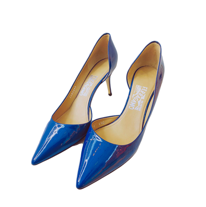 BLUE PATENT LEATHER D'ORSAY PUMPS