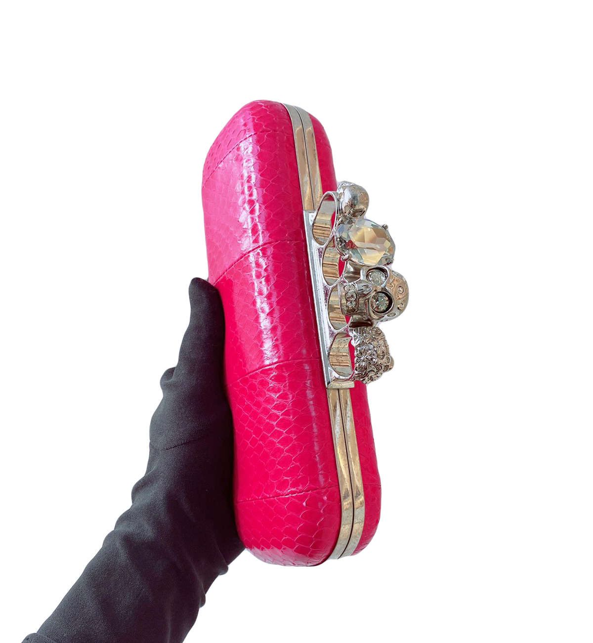 FUCHSIA PINK PYTHON CRYSTAL KNUCKLE DUSTER BOX CLUTH
