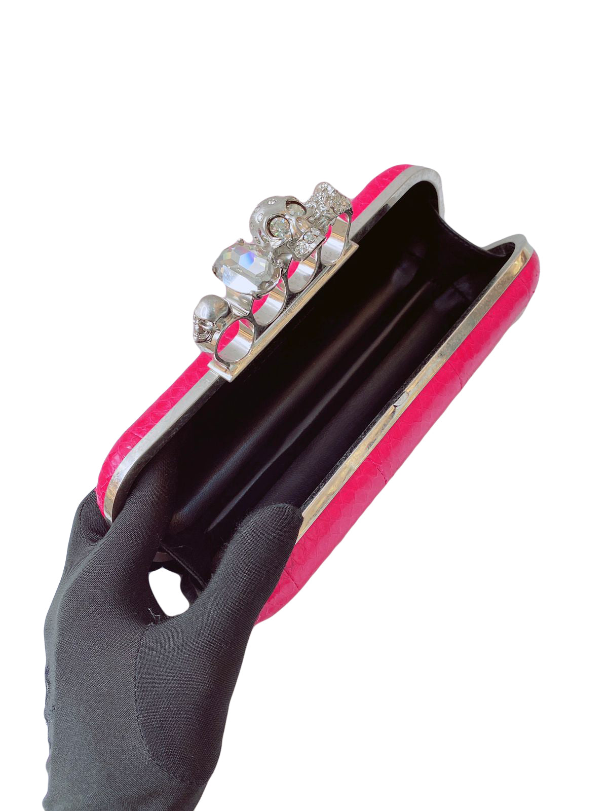 FUCHSIA PINK PYTHON CRYSTAL KNUCKLE DUSTER BOX CLUTH