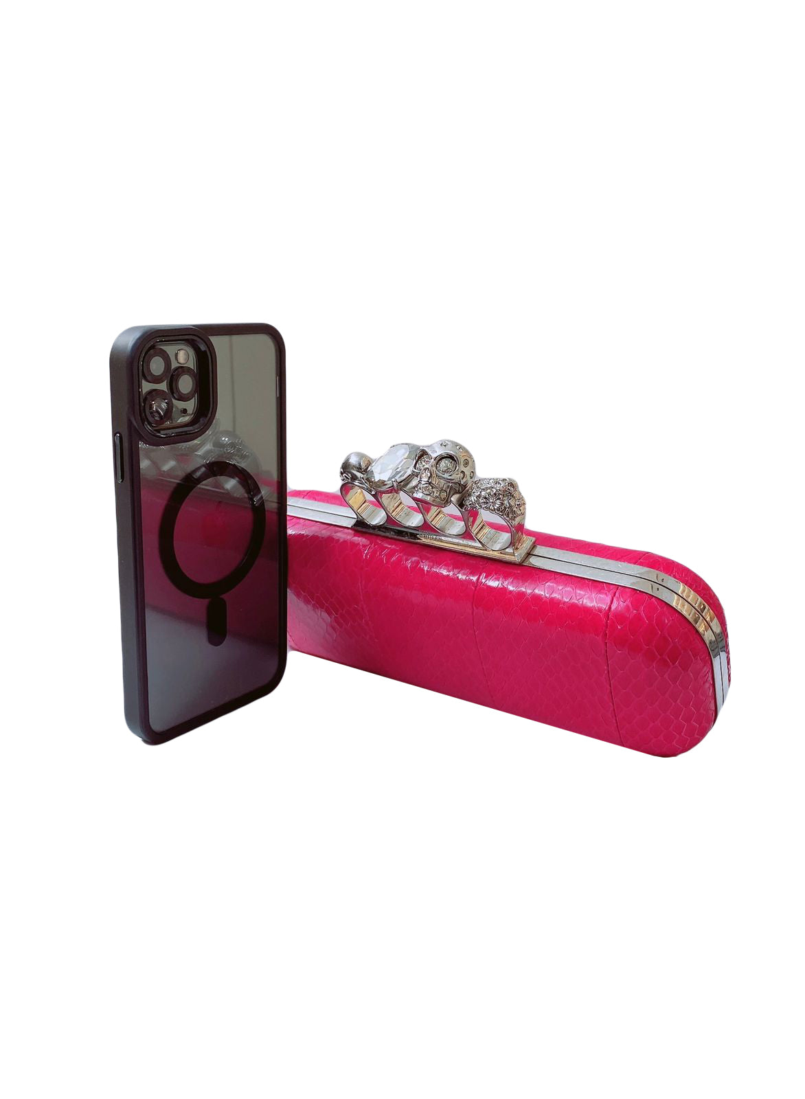 FUCHSIA PINK PYTHON CRYSTAL KNUCKLE DUSTER BOX CLUTH