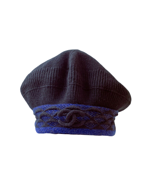 BLACK BLUE CASHMERE WOOL KNIT CC LOGO HAT