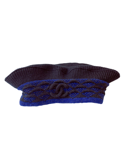BLACK BLUE CASHMERE WOOL KNIT CC LOGO HAT