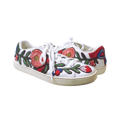 WHITE LEATHER FLORAL ACE SNEAKERS 37.5
