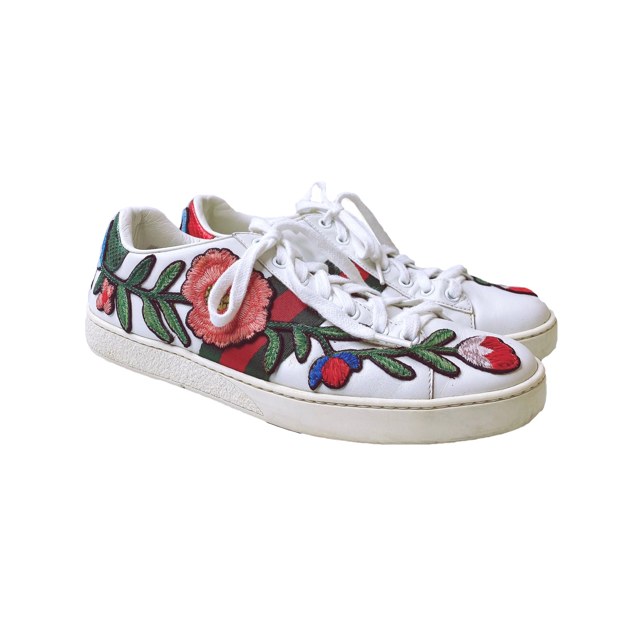 WHITE LEATHER FLORAL ACE SNEAKERS 37.5